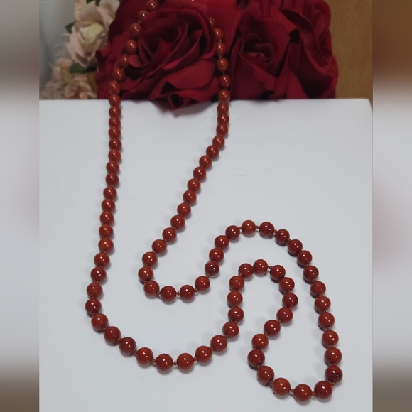 Red Jasper Stone Knotted Necklace Handmade 35" Long Unisex Necklace - Picture 9 of 16